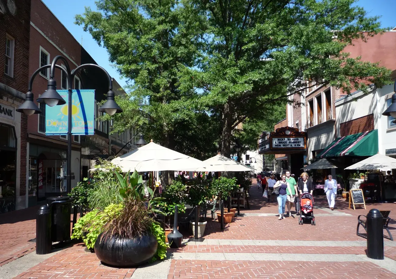 Tree-lined brick walkway and storefronts on Charlottesville’s Downtown Mall, photographed in 2008